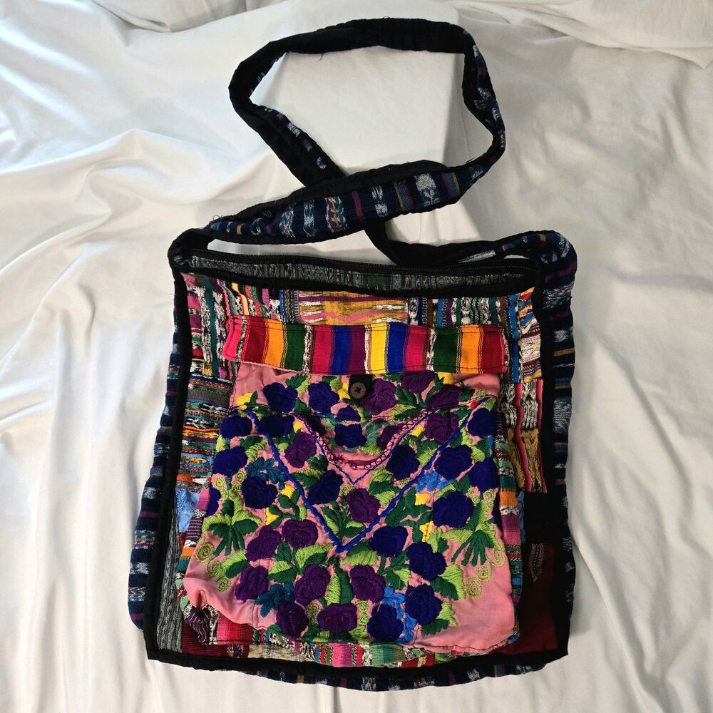 Embroidered Bohemian Guatemalan Crossbody Bag Hippie Boho Cottage Handmade Quilt